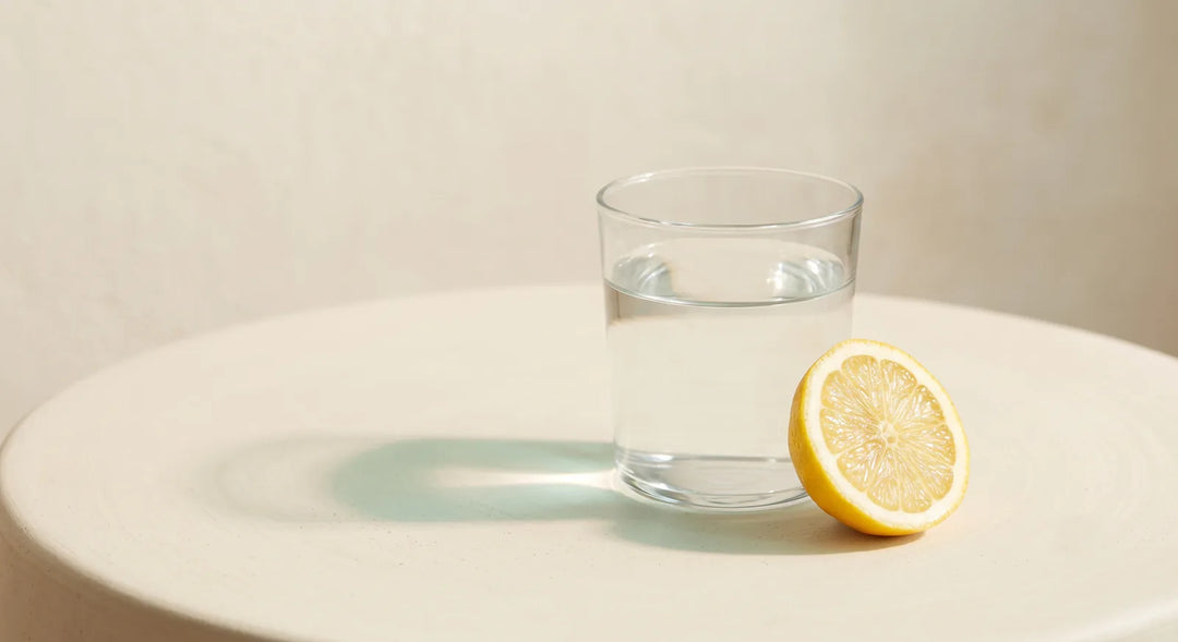 Vaso de agua con una rodaja de limón sobre superficie color crema