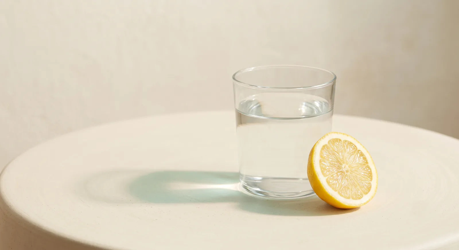 Vaso de agua con una rodaja de limón sobre superficie color crema