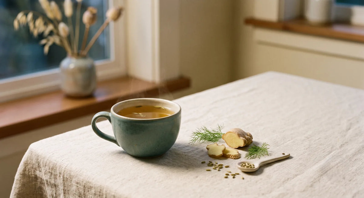 Taza de té de hierbas con jengibre e hinojo sobre mantel de lino, luz de tarde