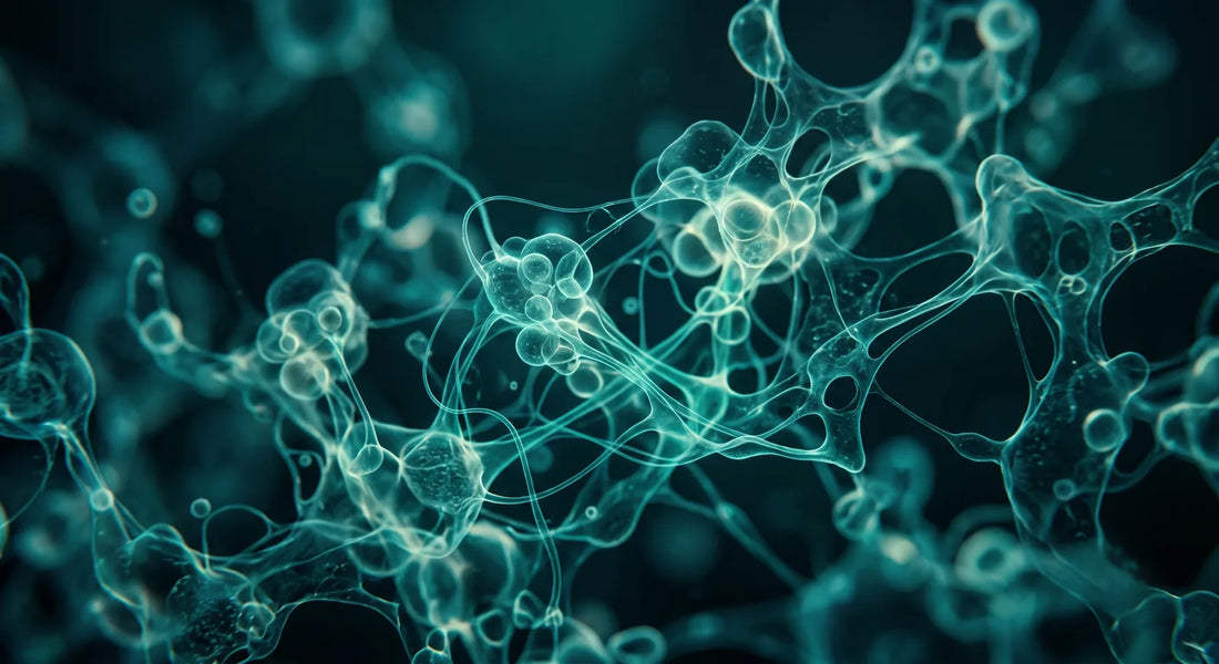 Estructuras orgánicas translúcidas en tonos teal que evocan un microbioma