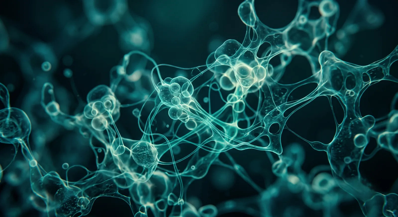 Estructuras orgánicas translúcidas en tonos teal que evocan un microbioma
