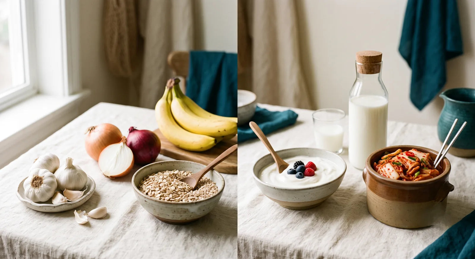 Alimentos prebióticos y probióticos: ajo, cebolla, plátano y avena junto a yogur, kéfir y kimchi