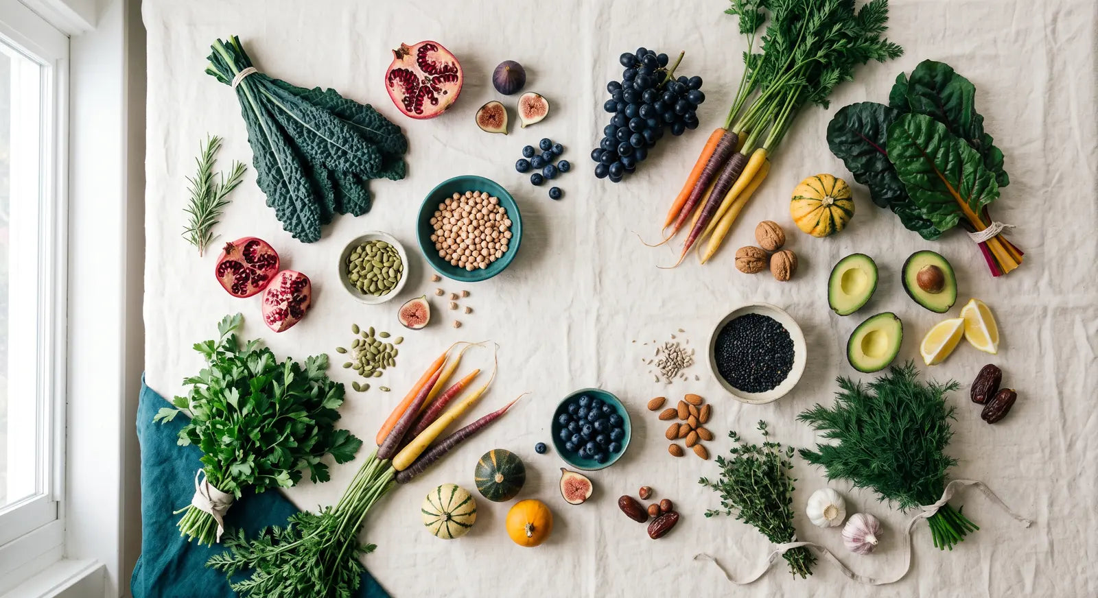Variedad de plantas, verduras, frutas y semillas sobre mantel de lino